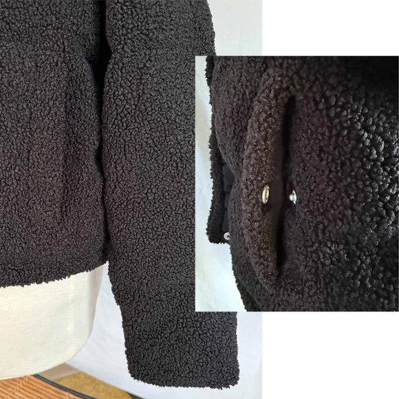 Abercrombie and Fitch A&F Women Large Black Sherpa Mini Puffer Jacket EUC - Picture 9 of 12